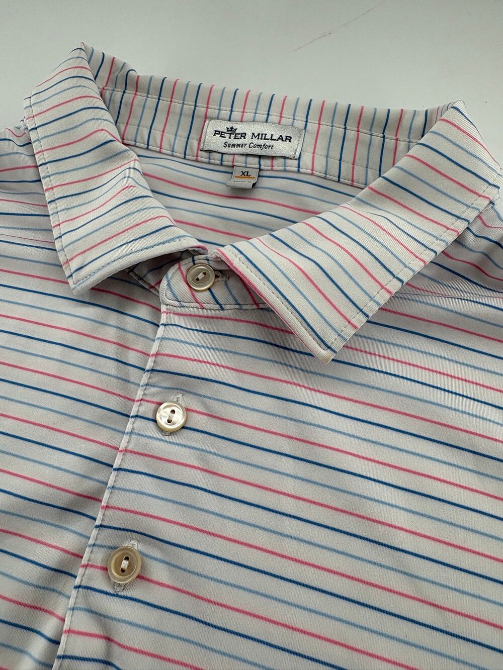 Peter Millar Summer Comfort Men’s XL Polo White Pink Blue Striped Golf Shirt